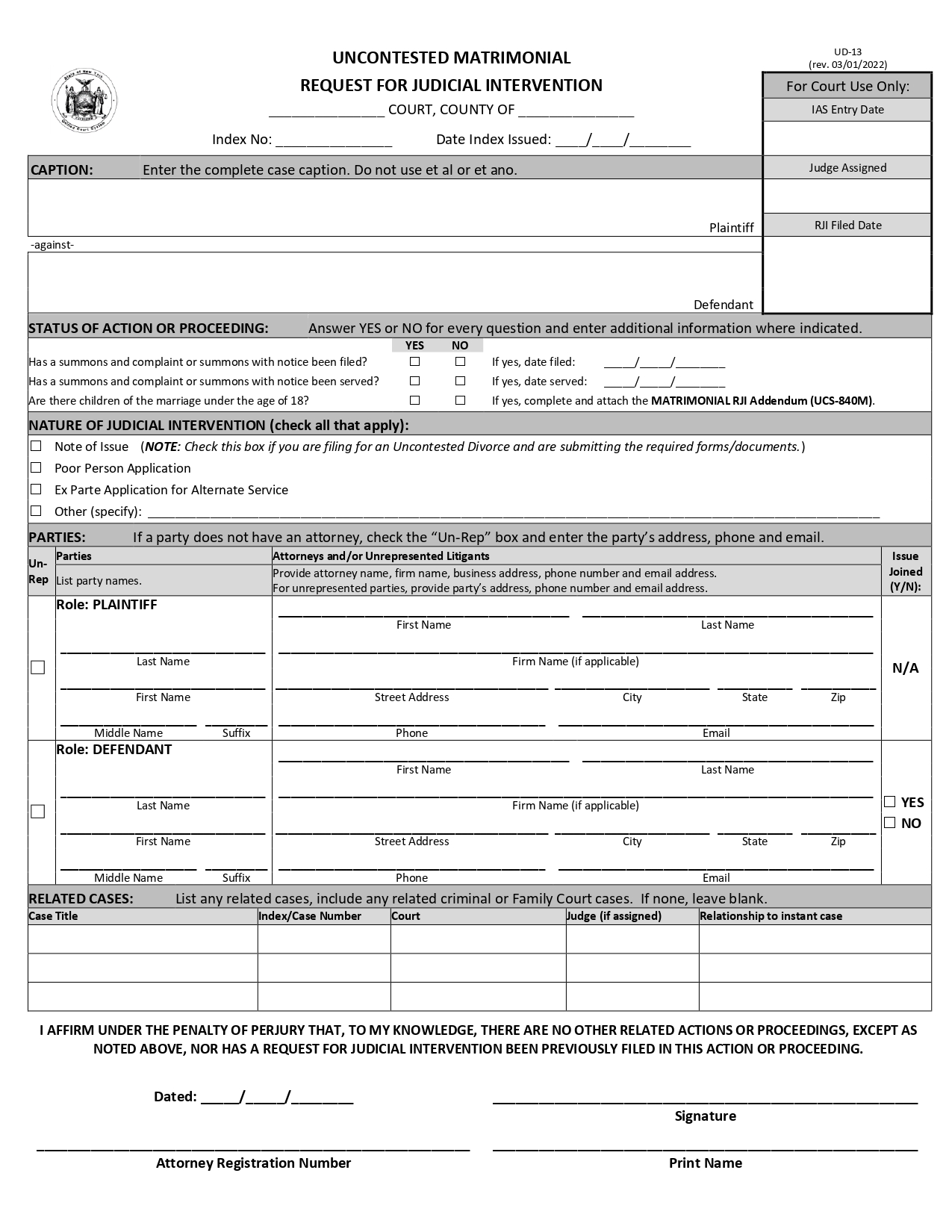 Form UD-13 Download: Request for Judicial Intervention (PDF)